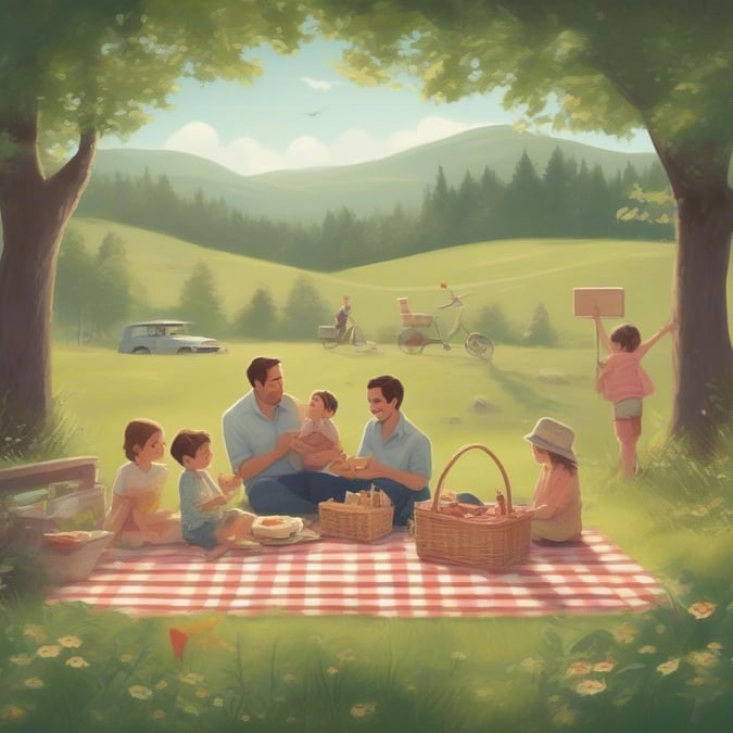 This image is a beautiful depiction of a family enjoying a picnic in a serene outdoor setting. The scene is perfect for Father's Day, as it captures the joy and love of family time.