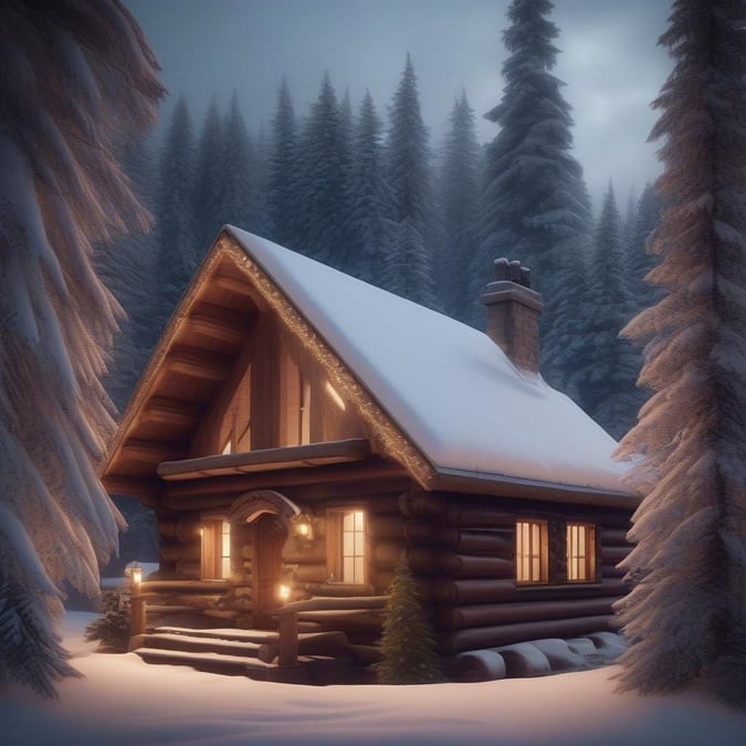 A charming cabin nestled among snow-covered evergreens, perfect for a warm winter getaway.