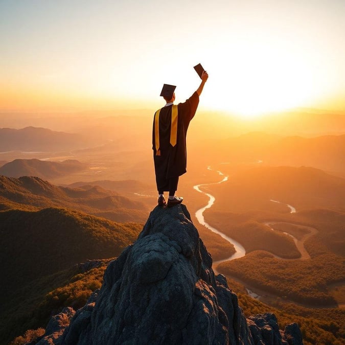 A person in a graduation gown standing on top of a mountain, holding their diploma in the air, celebrating their academic achievement.