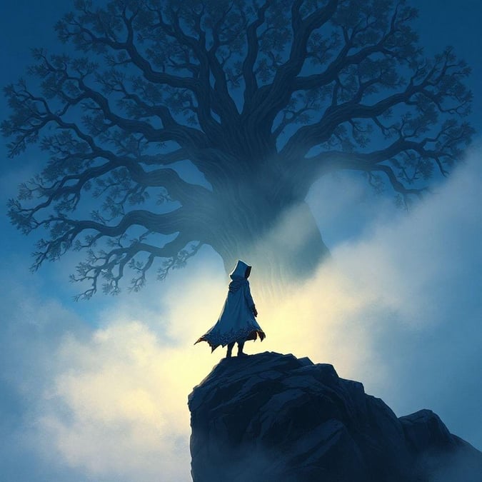 A captivating anime wallpaper featuring a lone figure standing before an enormous tree, shrouded in mist and fog. The mysterious figure, with a hooded cloak, stands on a rocky outcrop, gazing directly at the viewer. The background, a deep blue sky, adds mystery and intrigue. The scene captures a moment of tranquility, a moment of stillness.