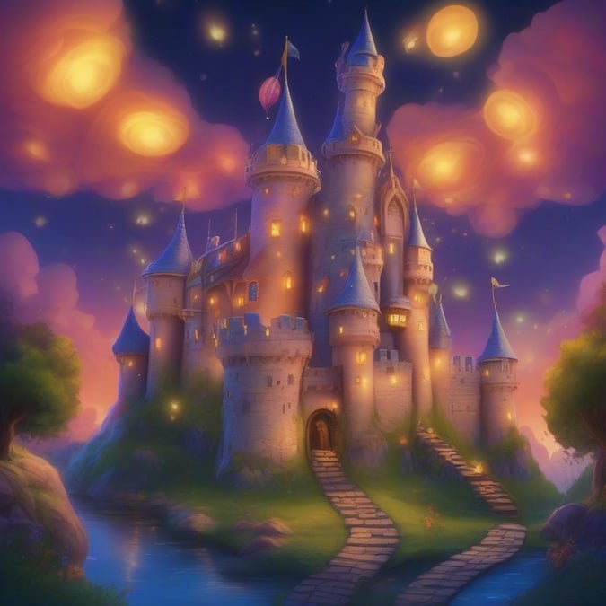 A majestic fantasy castle with a tall tower and a moat, surrounded by trees and a starry sky.