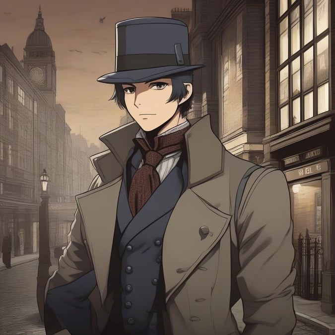 In this quaint city scene, our dapper detective takes center stage. He sports a sophisticated ensemble of a tweed jacket, a crisp white shirt, and a stylish bowtie, all topped with a chic black top hat. His sharp gaze suggests he's on the trail of another intriguing case.