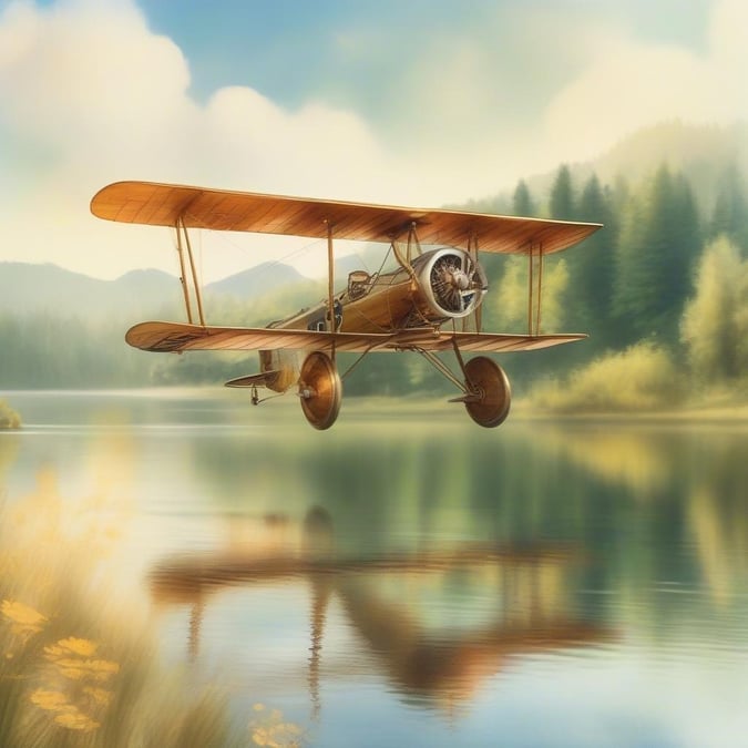 Enjoy a nostalgic flight with this classic propeller aircraft, soaring over a serene mountain lake. The golden hues of the morning or evening sun cast a warm glow on the scene, adding to the overall charm and tranquility.