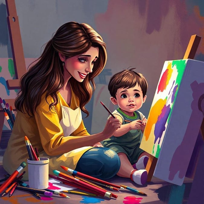 Celebrating the bond between a mother and her child, this heartwarming wallpaper depicts a lovely moment in their art studio.