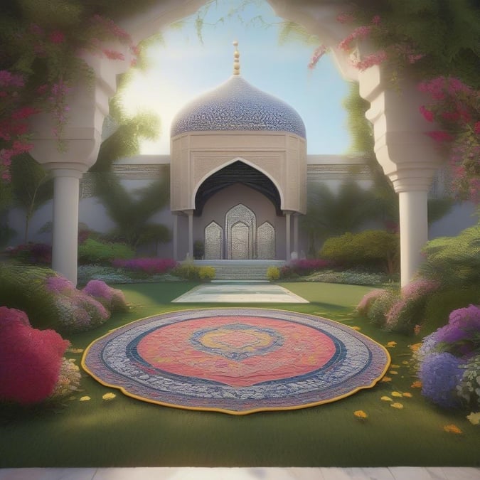 This image captures the serene beauty of a mosque during Ramadan and Eid. The golden dome shines bright against the soft glow of sunset, casting a warm light on the intricate details of the architecture. The vibrant pink flowers add a touch of color to the scene, enhancing its allure. This wallpaper is perfect for your desktop or mobile device, evoking the spirit of the holy month and the joyous festivities of Eid.