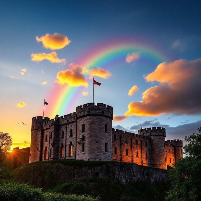 Celebrate the luck of the Irish with this St. Patrick's Day castle wallpaper! The silhouette of a majestic fortress stands against a radiant sunset, as a rainbow arcs over it in a brilliant display of nature's magic.