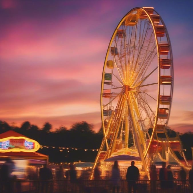 An amusement park ferris wheel at sunset, with vibrant lights casting a warm glow over the scene.