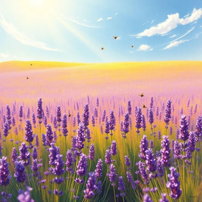 This stunning wallpaper image captures the serene beauty of a lavender field in full bloom. The vibrant purple flowers stretch as far as the eye can see, creating a breathtaking sight that is both calming and uplifting.