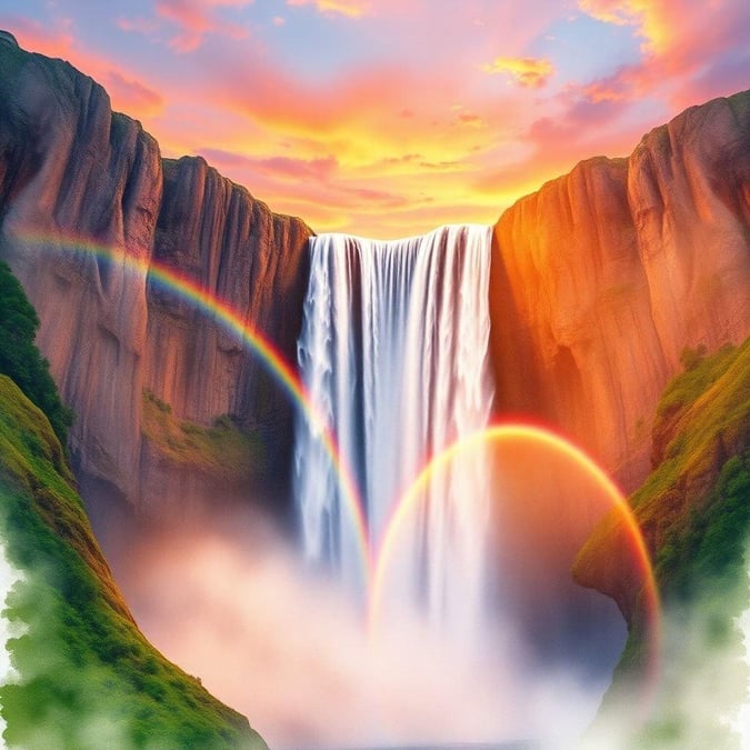 A stunning sunset over a majestic waterfall that splits into two distinct streams, creating a heart shape from the cascade.