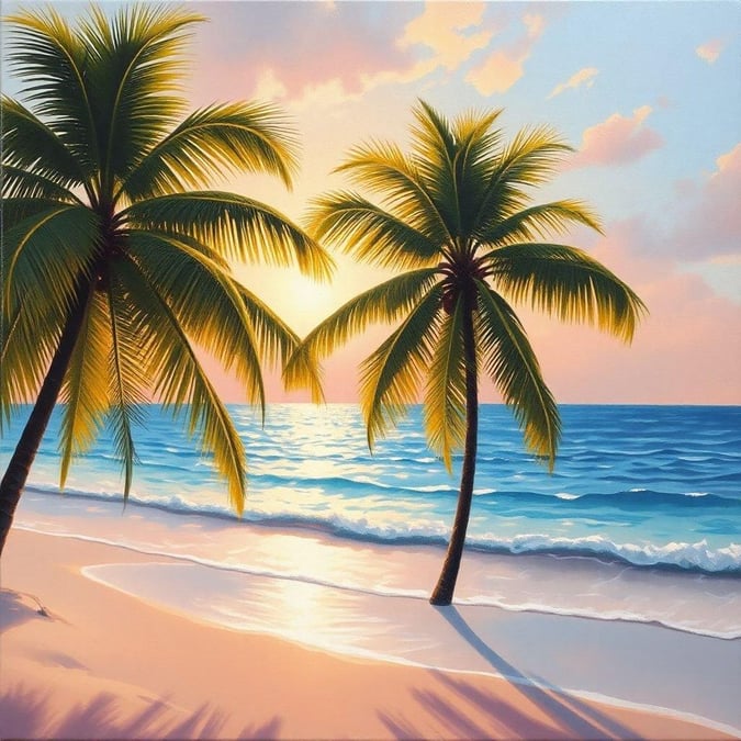 A stunning beach landscape with palm trees, a calm ocean, and a beautiful sunset.