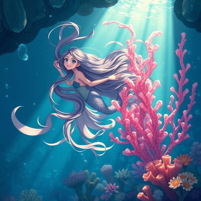 Embark on an enchanting journey beneath the waves with this beautiful anime illustration of a mermaid princess. Her hair, a mesmerizing cascade of light and dark, sways gently as she swims among the corals in an underwater garden, surrounded by a vibrant pink kelp.