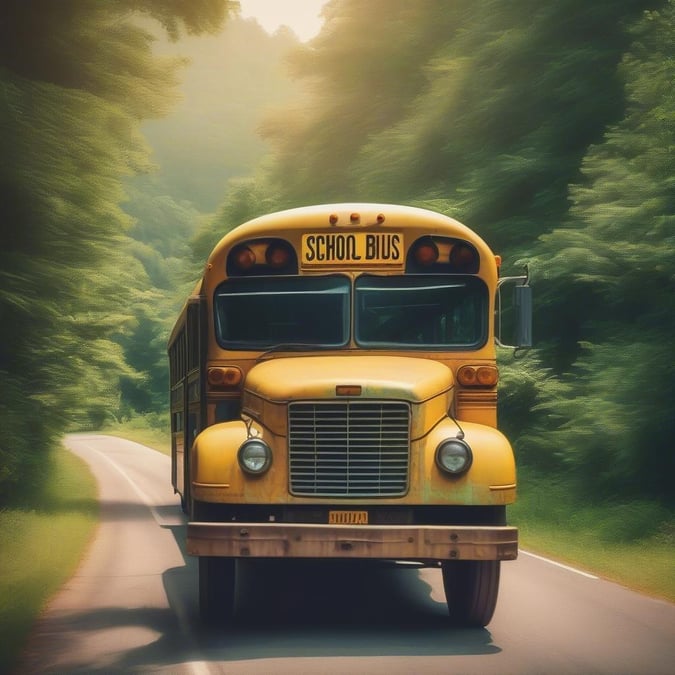 A vibrant yellow school bus winding its way through a lush forest, perhaps after dropping off students at their nearby homes or heading to the next stop on its route. The bus's presence adds a touch of community life to this serene natural setting.