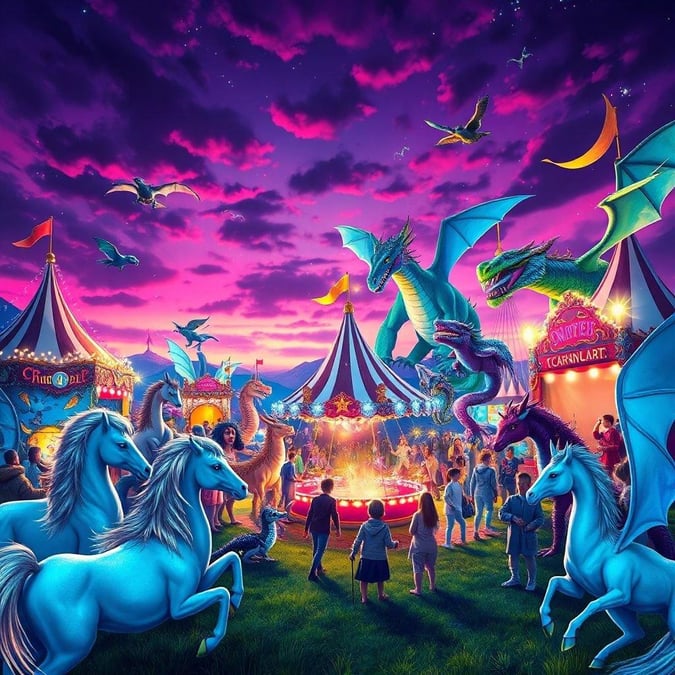 A whimsical evening at the carnival, with flying dragons, unicorns, and a magical atmosphere.