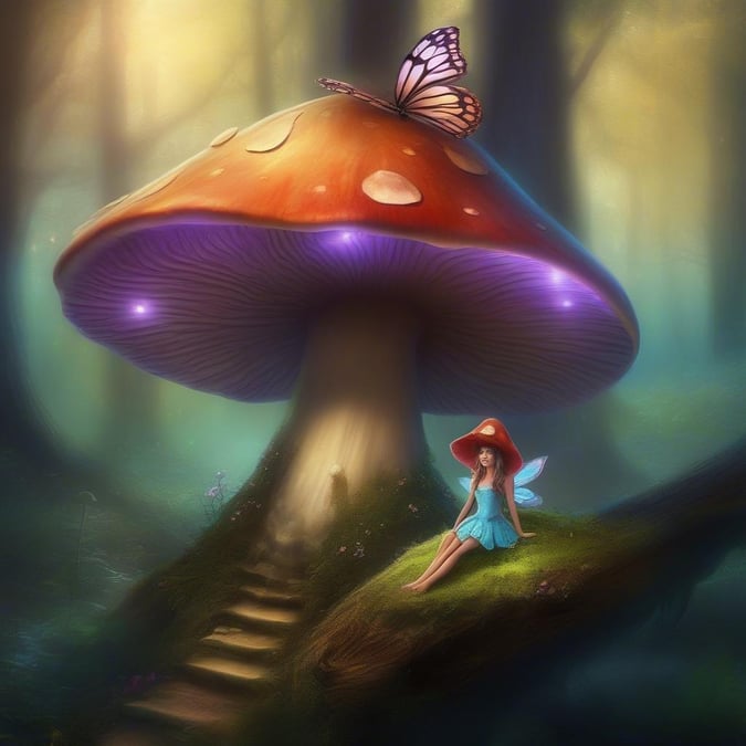 This enchanting wallpaper features a fairy sitting on a tree stump in a lush forest, surrounded by towering trees and vibrant greenery. The fairy's delicate wings and mischievous grin add to the whimsical charm of the scene.