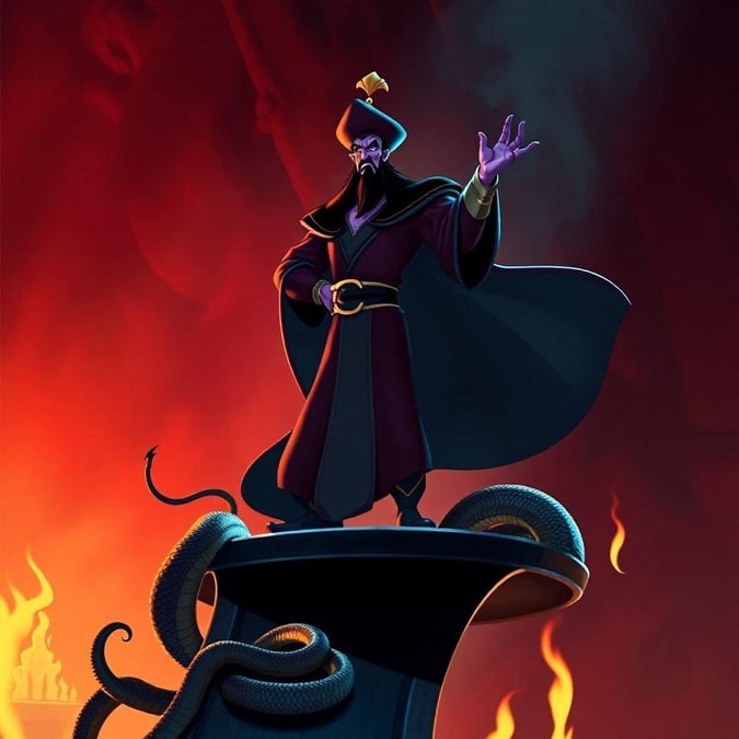 Jafar, the iconic Disney villain, stands atop a pedestal, his sinister intentions clear as he gestures towards the flames that surround him. His dark robes and snake-like staff exude an aura of malevolence, while the burning cityscape in the background serves as a reminder of his destructive power.