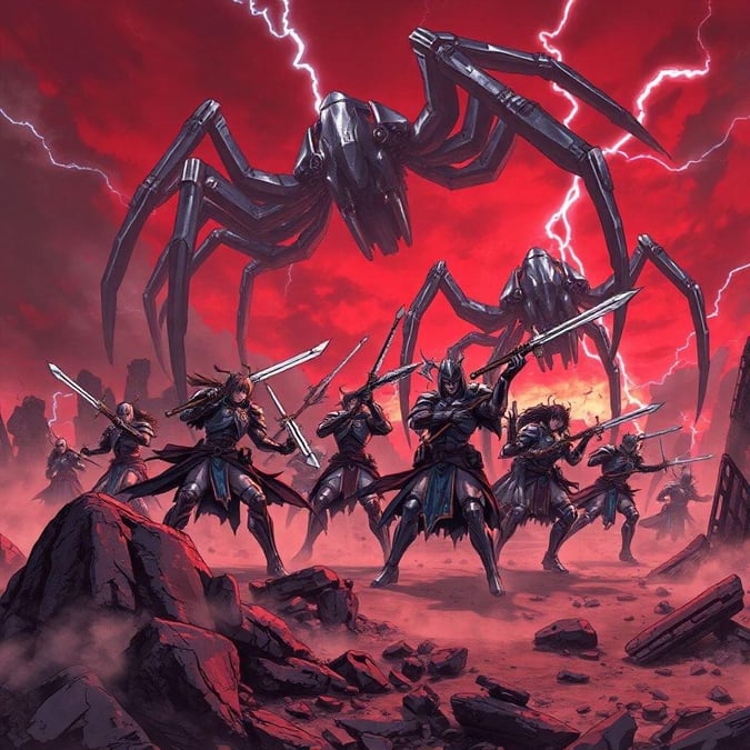 Get ready for an epic battle between brave anime warriors and giant mechanical spiders in this apocalyptic landscape.