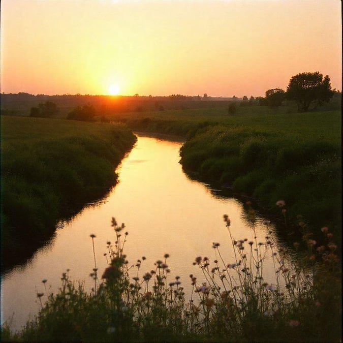 A beautiful sunset over a river with wildflowers in the foreground.