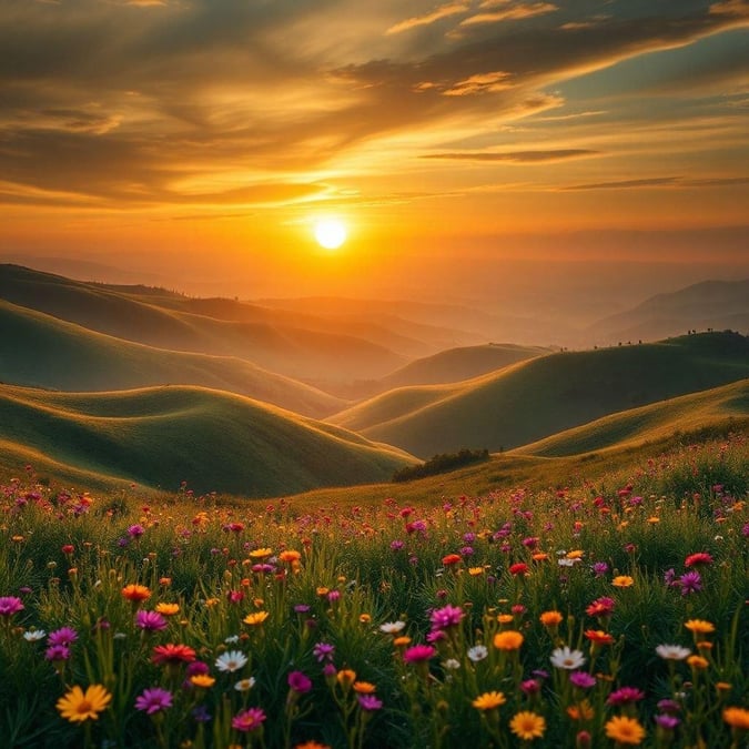 A breathtaking sunset over rolling hills, with the sun setting low in the sky, casting a warm orange glow over the landscape. The hills are covered in a blanket of green grass, dotted with wildflowers in shades of pink, yellow, and purple. In the distance, the sun dips below the horizon, creating a stunning silhouette against the vibrant sky.