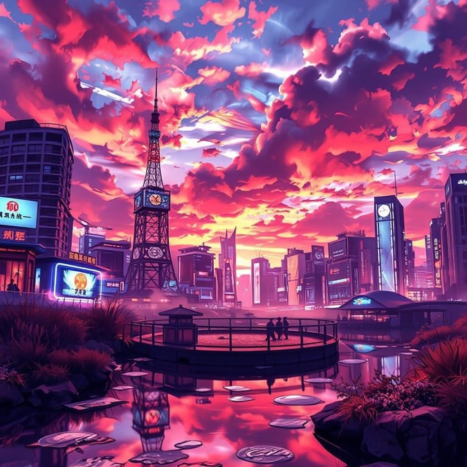 Experimenta la belleza de Tokio al atardecer con este fondo de pantalla inspirado en el anime. El cielo vibrante y las luces de neón crean un efecto visual impresionante, mientras que el tranquilo estanque añade una sensación de calma a la escena.