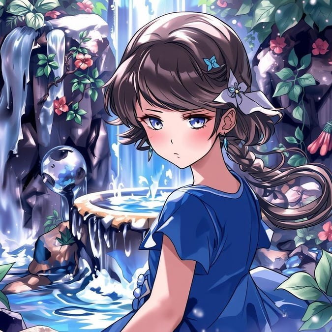 A young girl stands before a water fountain, her gaze directed at the viewer, as a magical moment unfolds. Her hair cascades like a waterfall, and an intricate world of plants surrounds her, creating a captivating scene.