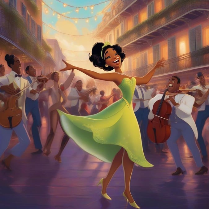 Tiana, the beloved princess from Disney's The Princess and the Frog, is joyously dancing with her friends on a lively street in the French Quarter of New Orleans. The music and energy are infectious as Tiana leads the way in this festive scene.