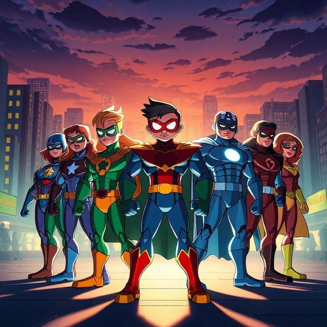 This wallpaper features a group of cartoon superheroes standing together in a cityscape, ready to save the day.