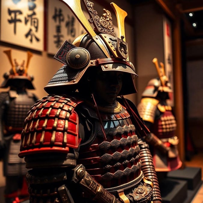 This stunning wallpaper showcases a traditional Japanese samurai armor, exuding strength and elegance. The intricate details and vibrant colors make it a captivating piece for any desktop or mobile device.