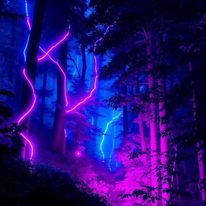 This artistic wallpaper captures an abstract scene in a forest at night, dominated by a dramatic purple lightning strike. The vibrant contrast between the dark environment and the intense electricity creates a surreal yet captivating image perfect for your desktop or mobile device.