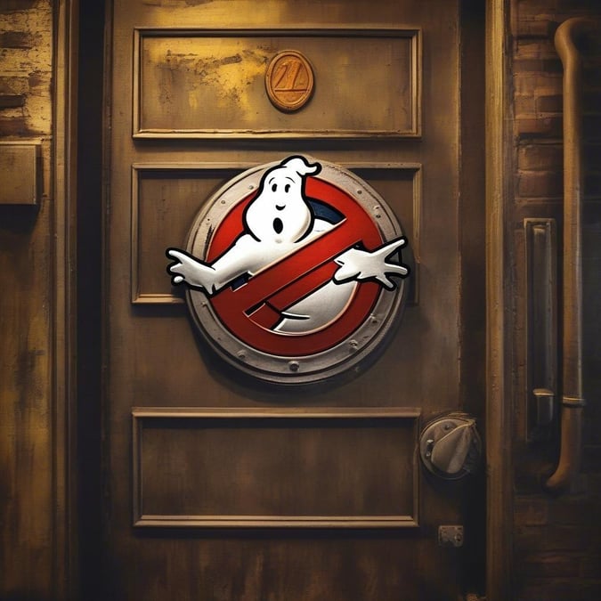 The iconic door from the movie Ghostbusters, featuring their logo.