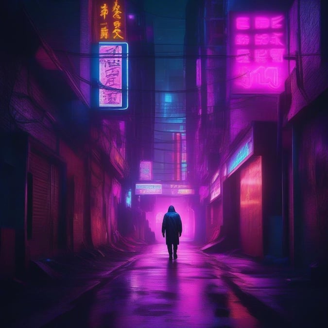 Step into the vibrant world of cyberpunk with this stunning neon-lit alleyway wallpaper. The futuristic cityscape, complete with towering skyscrapers and bustling streets, is bathed in a kaleidoscope of colors, creating a truly immersive experience.