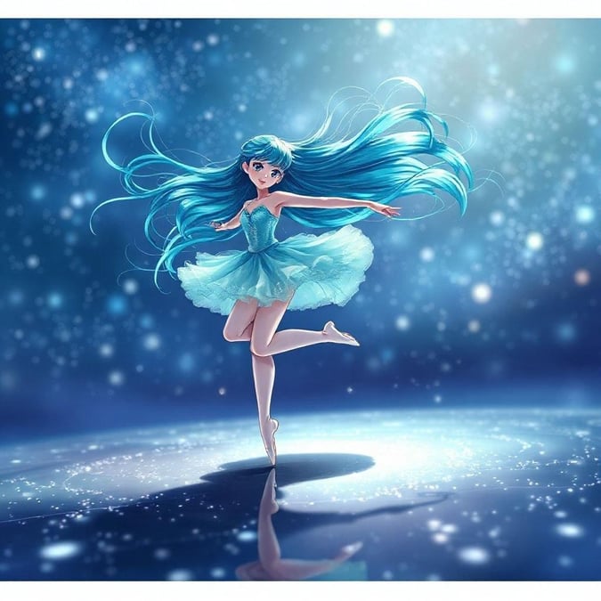 This stunning wallpaper features a beautiful anime ballerina dancing across a starry night sky, with her hair a vibrant blend of blue and green. The illustration captures a moment of serenity, with a blurred background that adds to the ethereal quality of the scene.