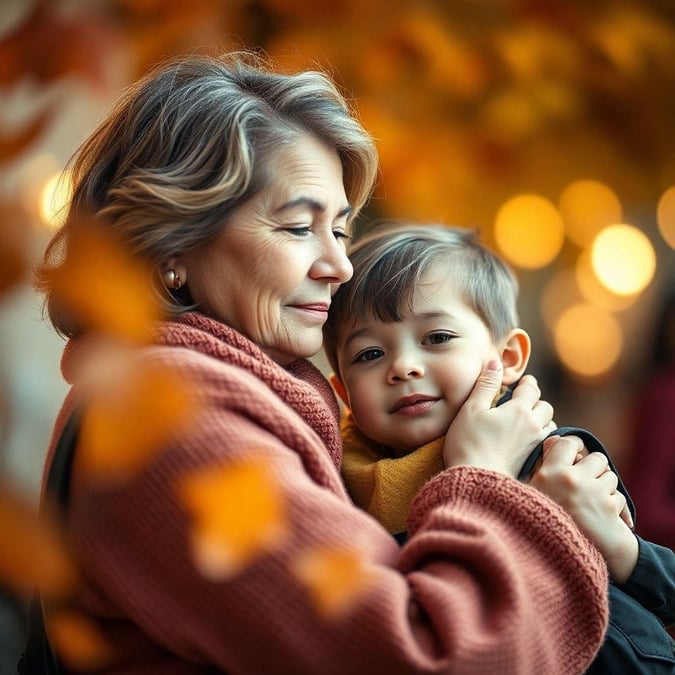 This heartwarming scene captures the tender bond between a mother and child. The backdrop of fall leaves suggests this moment is taking place on a family outing or during a special holiday like Mother's Day.