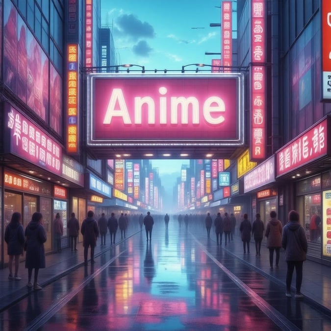 Experience the vibrant energy of Tokyo's streets with this stunning anime-inspired wallpaper. The neon sign with 'Anime' in white text is surrounded by holographic advertisements, creating a futuristic and bustling atmosphere. The glowing neon lights and mysterious blue-green sky add to the city's dynamic ambiance.