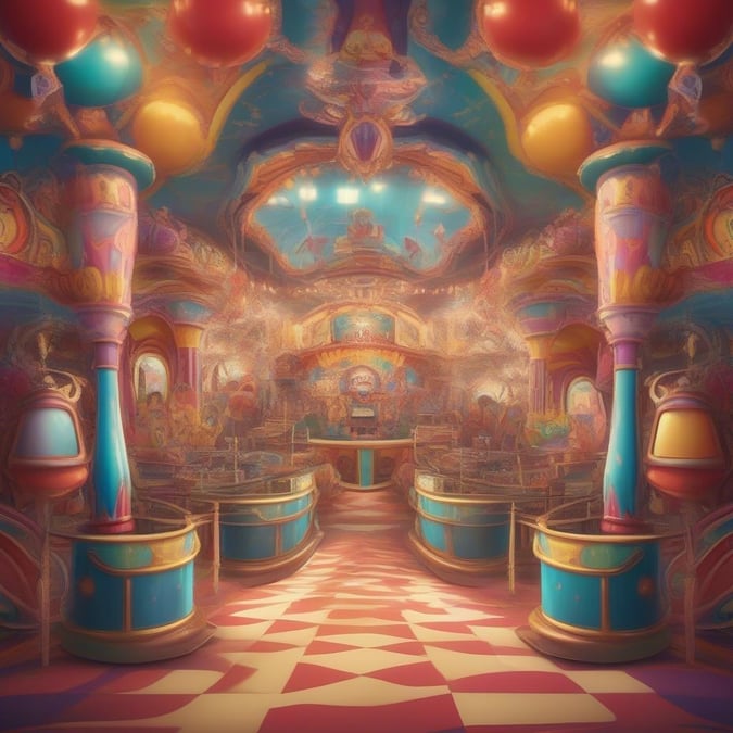 Step into a whimsical carnival tent bathed in a spectrum of colors. The vibrant hues are echoed in the balloons floating amidst the ceiling, adding to the festive atmosphere.