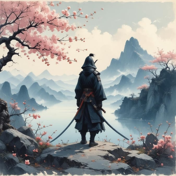 Eine detaillierte Anime-Illustration eines Samurai-Kriegers, der auf einem Berggipfel steht, umgeben von Kirschblütenbäumen und einem nebligen Himmel.