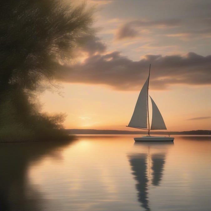 A serene lake scene with a sailboat gliding across the water, set against a breathtaking sunset backdrop.