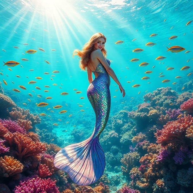 This beautiful mermaid is swimming in the ocean, surrounded by colorful coral and schools of fish. The sunlight filters down from above, creating a warm and inviting glow.