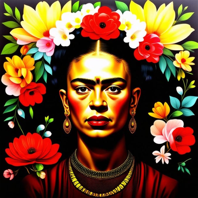 This vivid wallpaper features the iconic Mexican artist Frida Kahlo, known for her colorful self-portraits. The artwork is rich with flowers and vibrant colors, capturing the essence of her legacy as a symbol of strength and creativity.