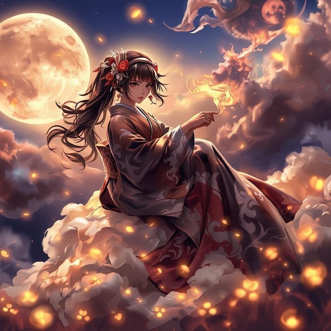 A geisha, adorned in traditional attire, finds solace on a cloudy night, surrounded by the glow of fireflies. This detailed digital illustration fuses elements of nature and fantasy, creating a serene and ethereal scene.