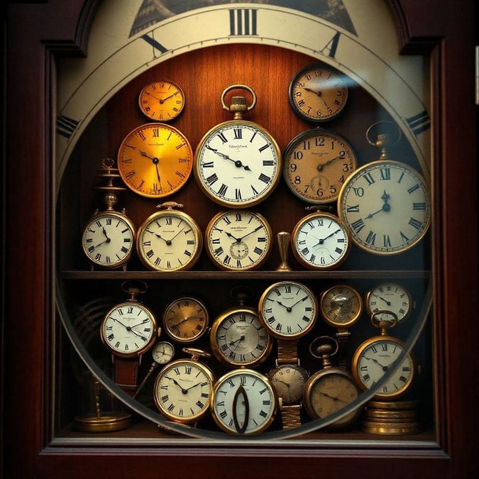 A collection of antique clocks, each with its own unique charm, showcased in a vintage display case.