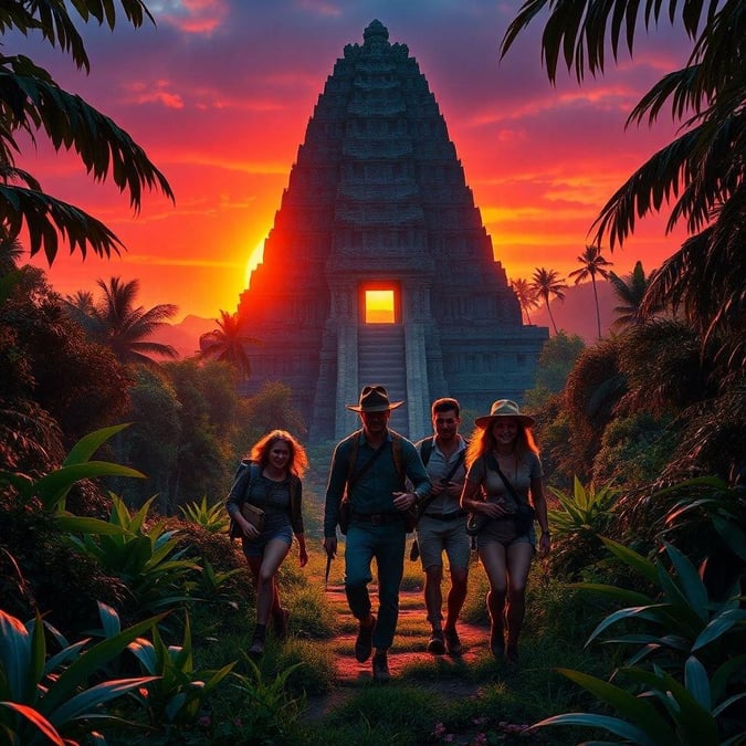 Discover the mysteries of an ancient temple with a group of adventurers at sunset.