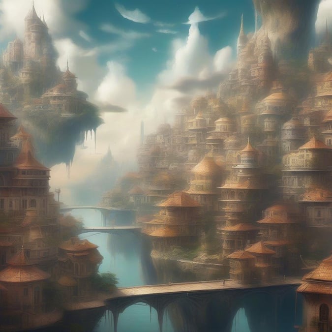 A fantastical city perched on the edge of a cliff overlooking serene waters, with towers and buildings that seem to defy gravity.