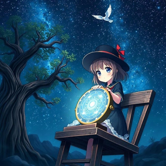 This enchanting wallpaper features a shy high school girl sitting on a wooden chair, intently gazing into a magical instrument that seems to hold secrets of the fairy tale world. The serene background of a starry night sky, complete with a majestic tree to the left and a small bird soaring above, adds to the sense of wonder and adventure.