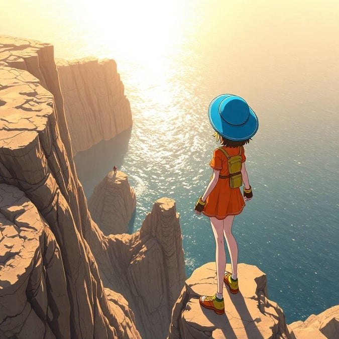 A young android girl stands at the edge of a cliff, overlooking the sea, with a sense of adventure and wonder.