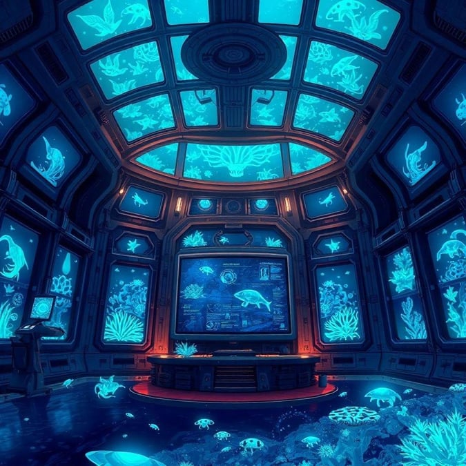 A stunning digital illustration of a futuristic underwater facility, brimming with life from bioluminescent creatures. The room glows softly from the ceiling, casting an intriguing atmosphere over the detailed structure that fills the image.