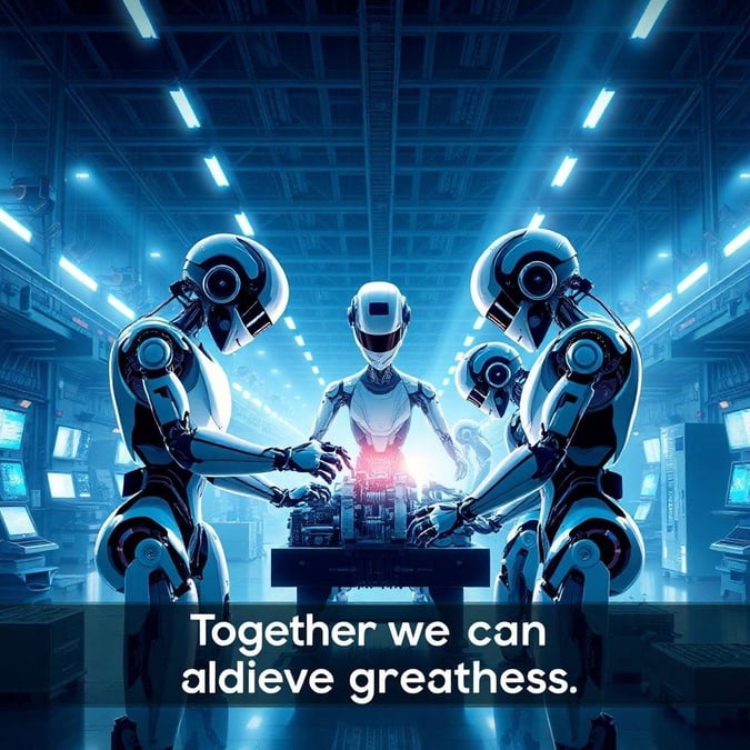 A futuristic scene where robots are working together, emphasizing the importance of teamwork in achieving great things.