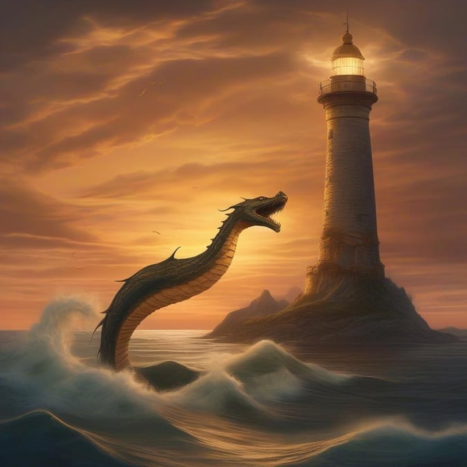 In this captivating fantasy image, a sea serpent emerges from the depths of the ocean, its serpentine body and sharp teeth a testament to its mythical nature. Standing tall in the background is a lighthouse, its warm, golden light illuminating the dark waters. The sky above is a kaleidoscope of colors, with clouds drifting lazily across the horizon. This image is a perfect representation of the fantasy genre, with its blend of mythical creatures and natural landscapes.