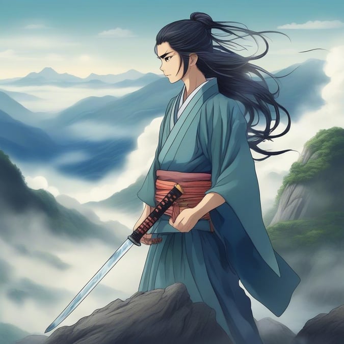 Immerse yourself in the captivating world of anime with this stunning illustration of a young samurai warrior standing atop a majestic mountain peak. The mysterious figure, shrouded in an aura of enigma, holds a sword, while the misty mountains and sky create a serene and breathtaking atmosphere.