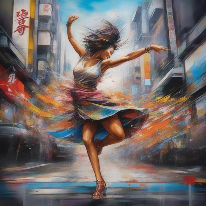 An energetic dance in motion amidst the bustling city life. A vibrant fusion of modern fashion and dynamic movement.