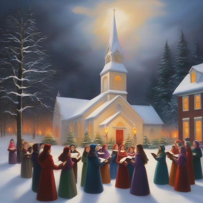 A heartwarming scene of a group of people gathered in front of a church, dressed in traditional winter attire, singing carols and enjoying the festive spirit. The silhouette of the church against the night sky adds to the tranquil atmosphere. This image captures the essence of community and celebration during the holiday season.